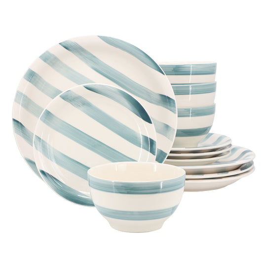 Gibson Home Kenwood Shores 12 Piece Stoneware Dinnerware Set in Blue Stripe